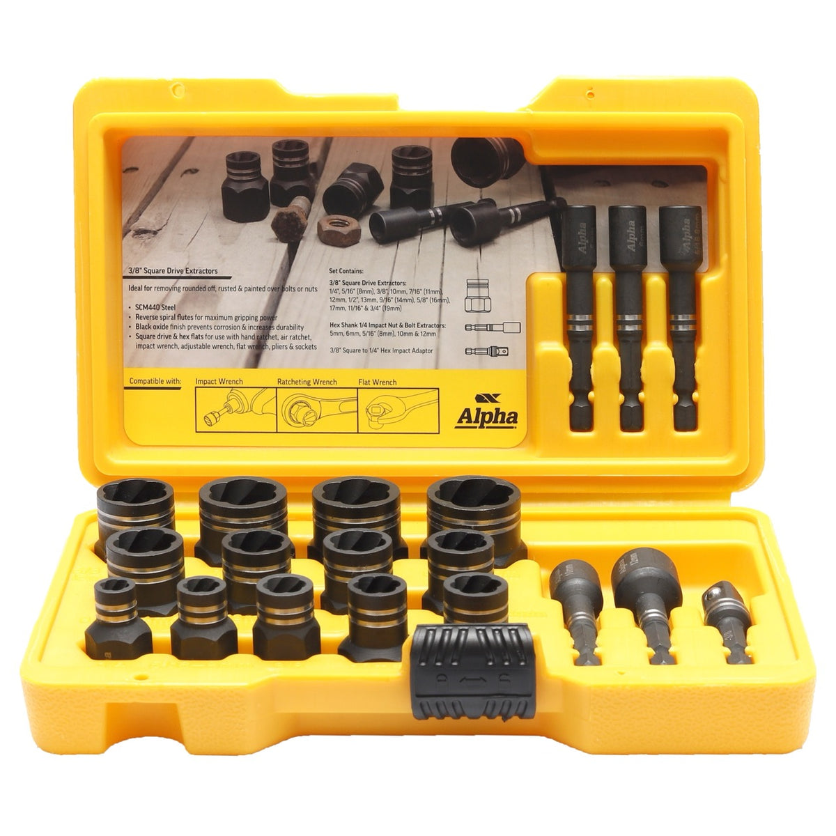 19 PC (1/4in &amp; 3/8in Dr) Alpha Damaged Nut &amp; Bolt Extractor Set - Cost Less Bolts | Industrial Supplies